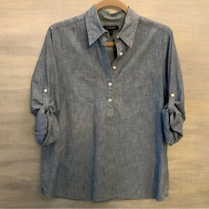 Lands’ End Light Denim Roll Up Sleeve Collared Shirt Small Like New